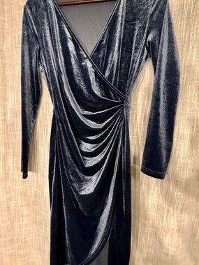 HUHOT Blue Velvet Wrap Midi Dress V-Neck Draped Long Sleeve Stretch Size M
